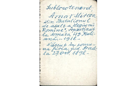 Sublocotenentul Mircea Amar din Batalionul de Asalt a Legiunii Române, repartizat la Armata IV italiană, 1918. Fotografie, Hârtie, 13,5 X 8,5 cm. Donație, Ileana Florea.